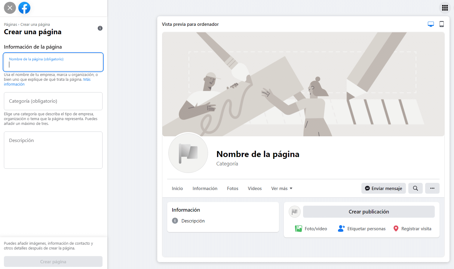 pasos para crear página de facebook